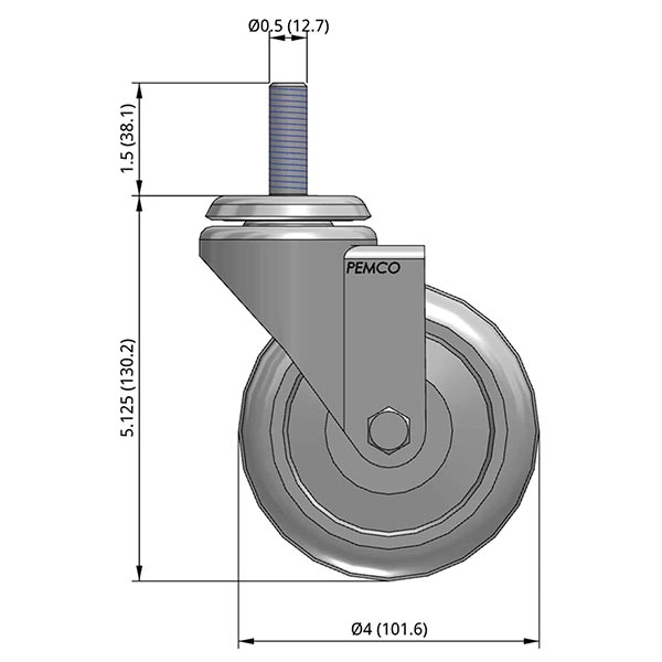 Side view drawing of caster with dimensions